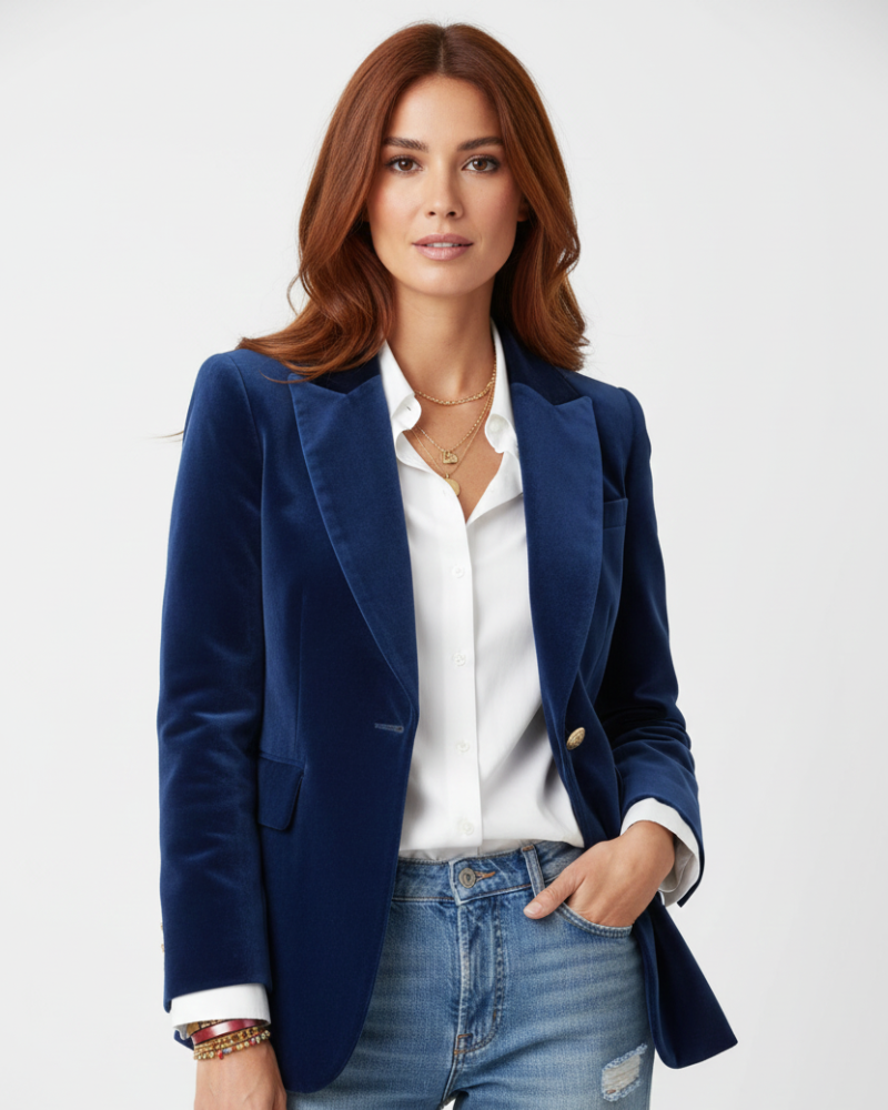 Blazer feminino de veludo estruturado com fecho de botões