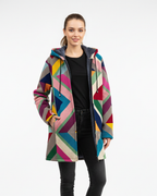 Cardigan feminino tricotado estampado aberto, corte fluido artístico