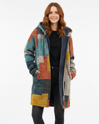 Cardigan feminino tricotado estampado aberto, corte fluido artístico