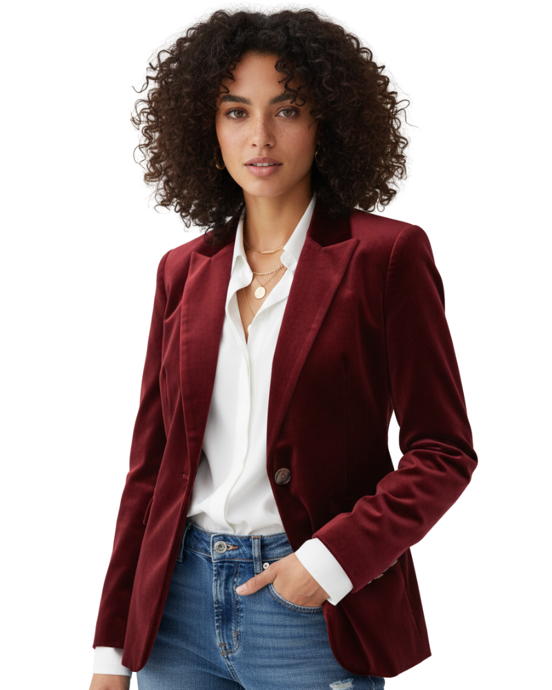 Blazer feminino de veludo estruturado com fecho de botões