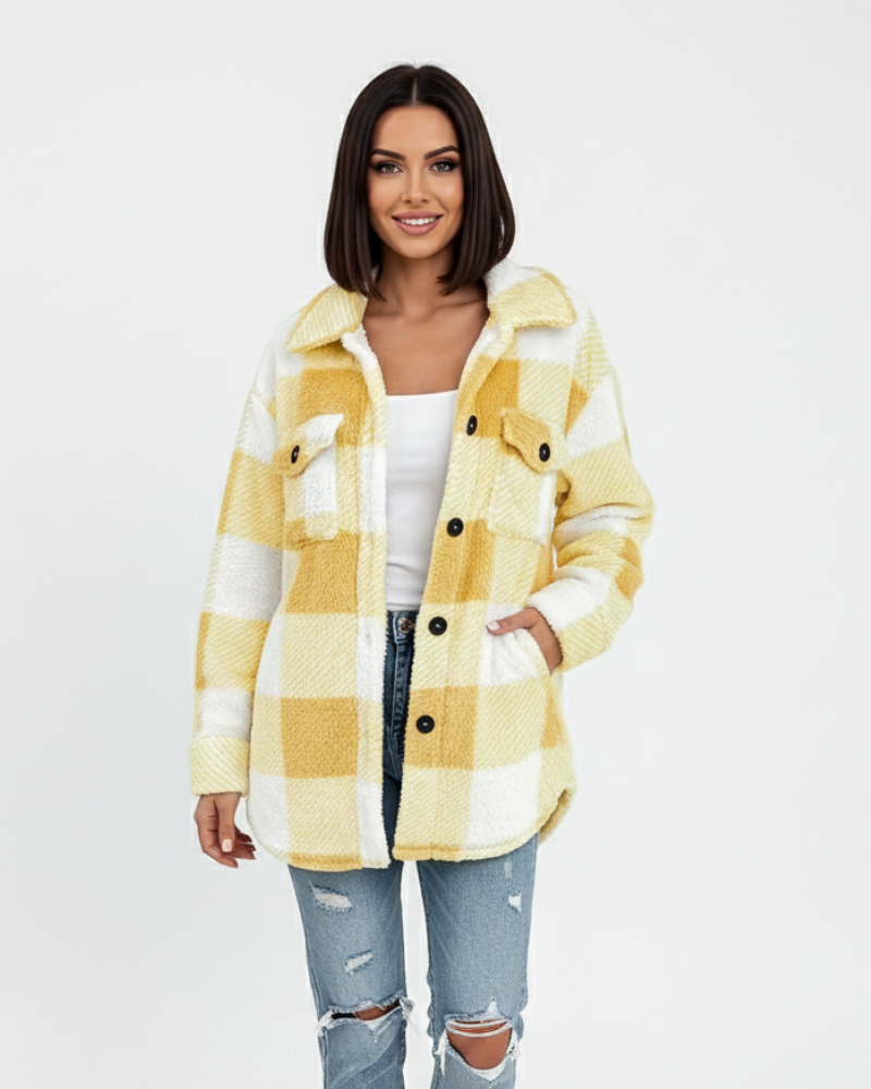 Veste de peluche xadrez feminina quente casual para inverno