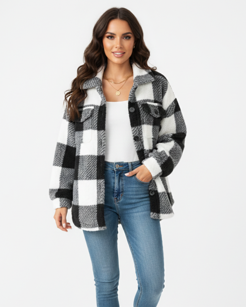 Veste de peluche xadrez feminina quente casual para inverno