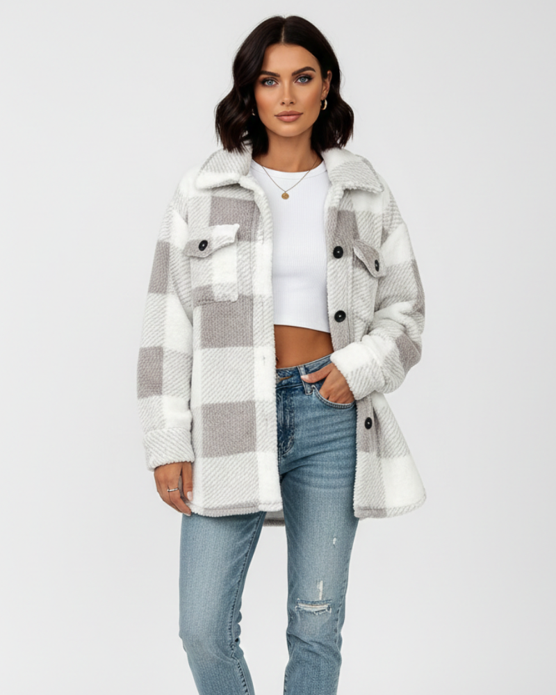 Veste de peluche xadrez feminina quente casual para inverno