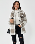 Veste de peluche xadrez feminina quente casual para inverno
