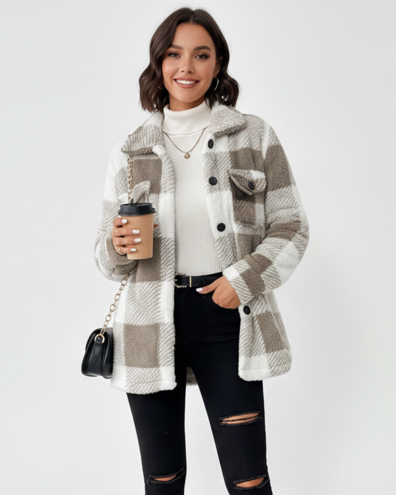 Veste de peluche xadrez feminina quente casual para inverno