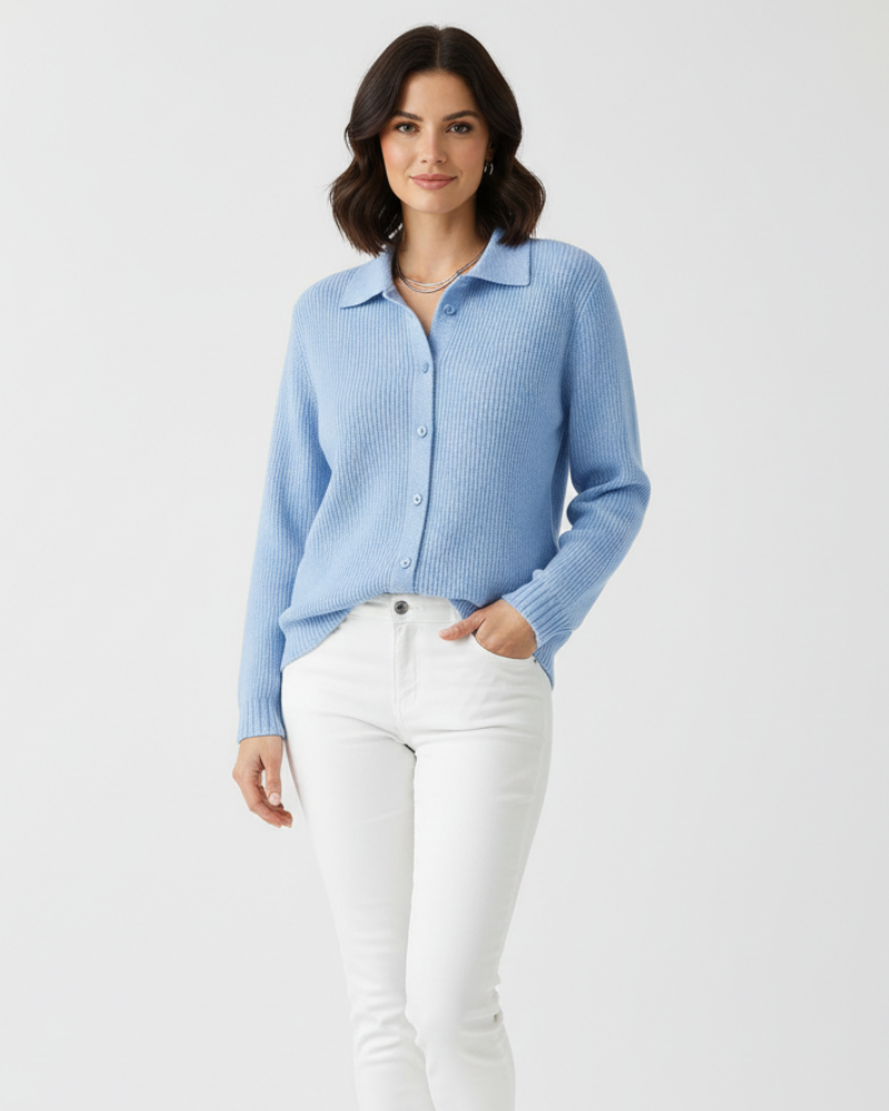 Cardigan feminino algodão stretch com colarinho ajustado corte slim