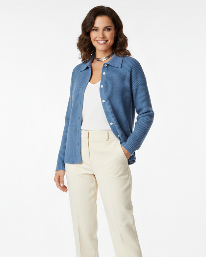 Cardigan feminino algodão stretch com colarinho ajustado corte slim