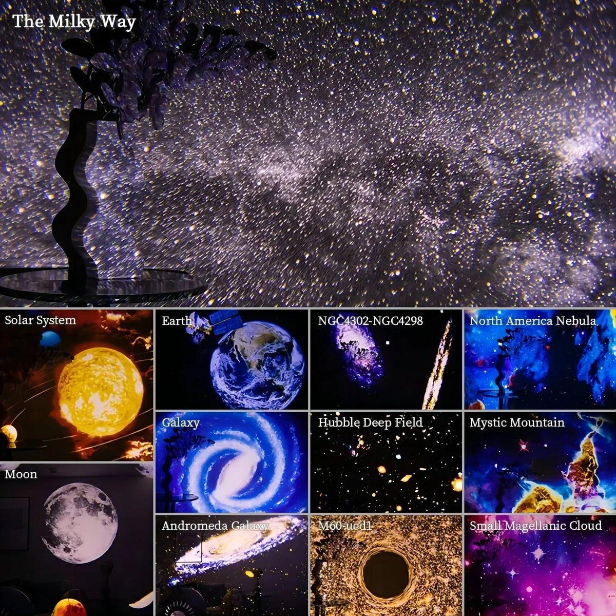 Projetor planetário 360 graus com 12 efeitos HD de estrelas e galáxias