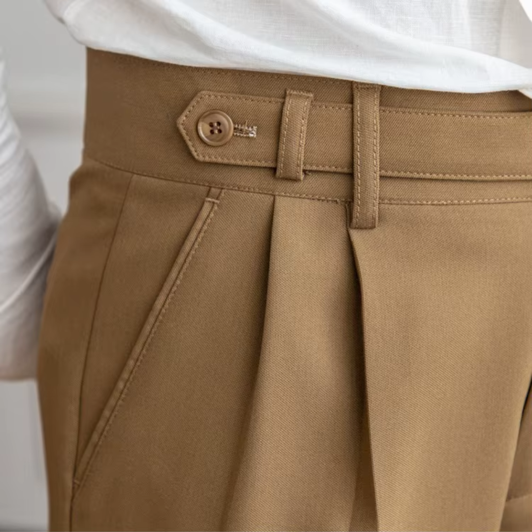 Calças masculinas plissadas cintura alta corte clássico elegante