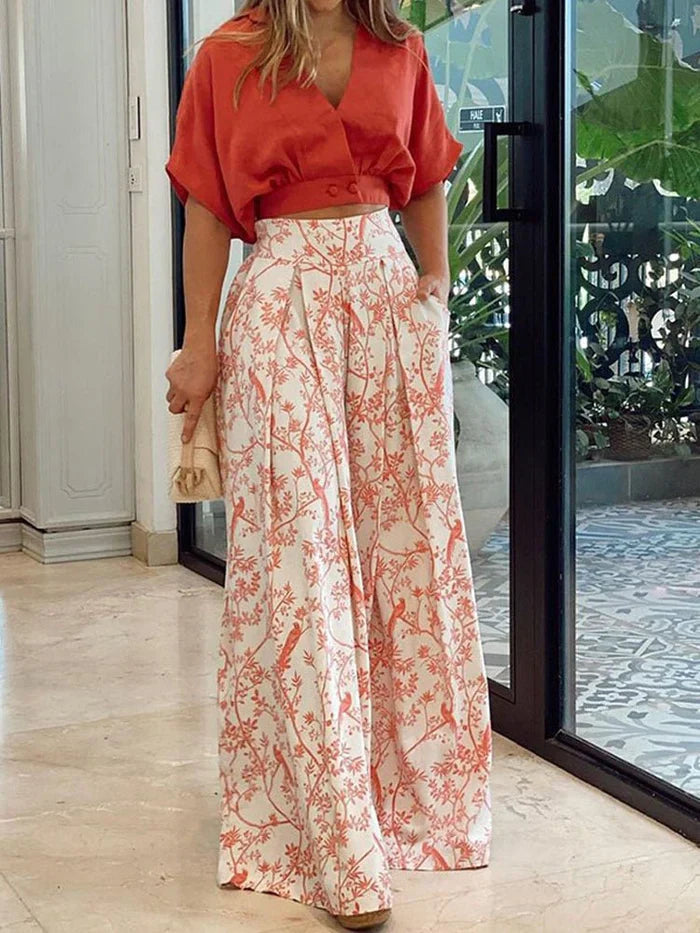 Conjunto feminino duas peças floral calça wide leg corte solto