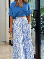 Conjunto feminino duas peças floral calça wide leg corte solto