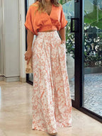 Conjunto feminino duas peças floral calça wide leg corte solto