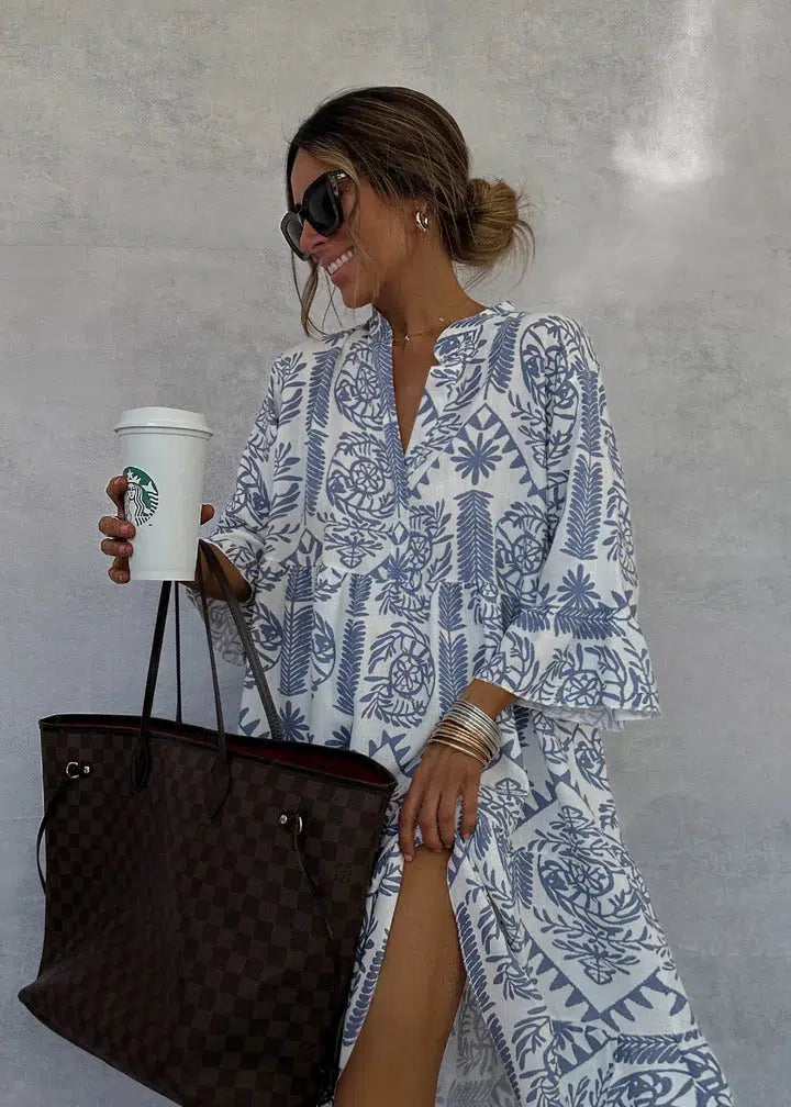 Vestido longo feminino floral com decote em V estilo boho
