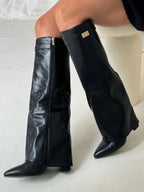 Botas femininas cano alto bico fino com salto e detalhe metálico