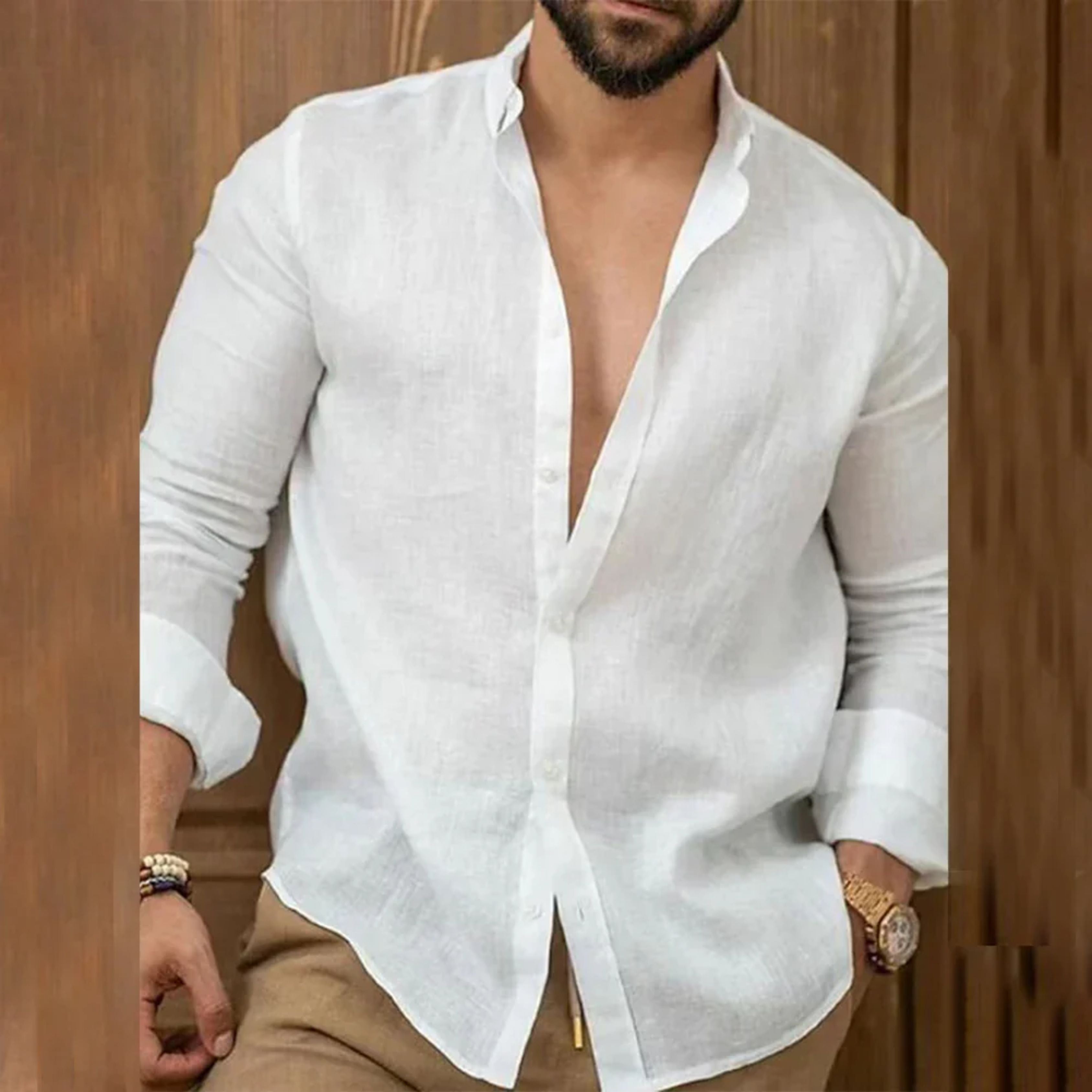 Camisa de Linho Manga Longa | Ajuste Slim | Gola Clássica