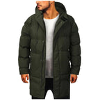Casaco puffer com capuz masculino comprimento médio acolchoado