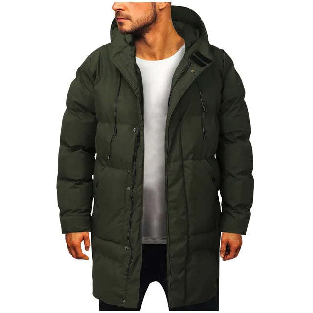 Casaco puffer com capuz masculino comprimento médio acolchoado