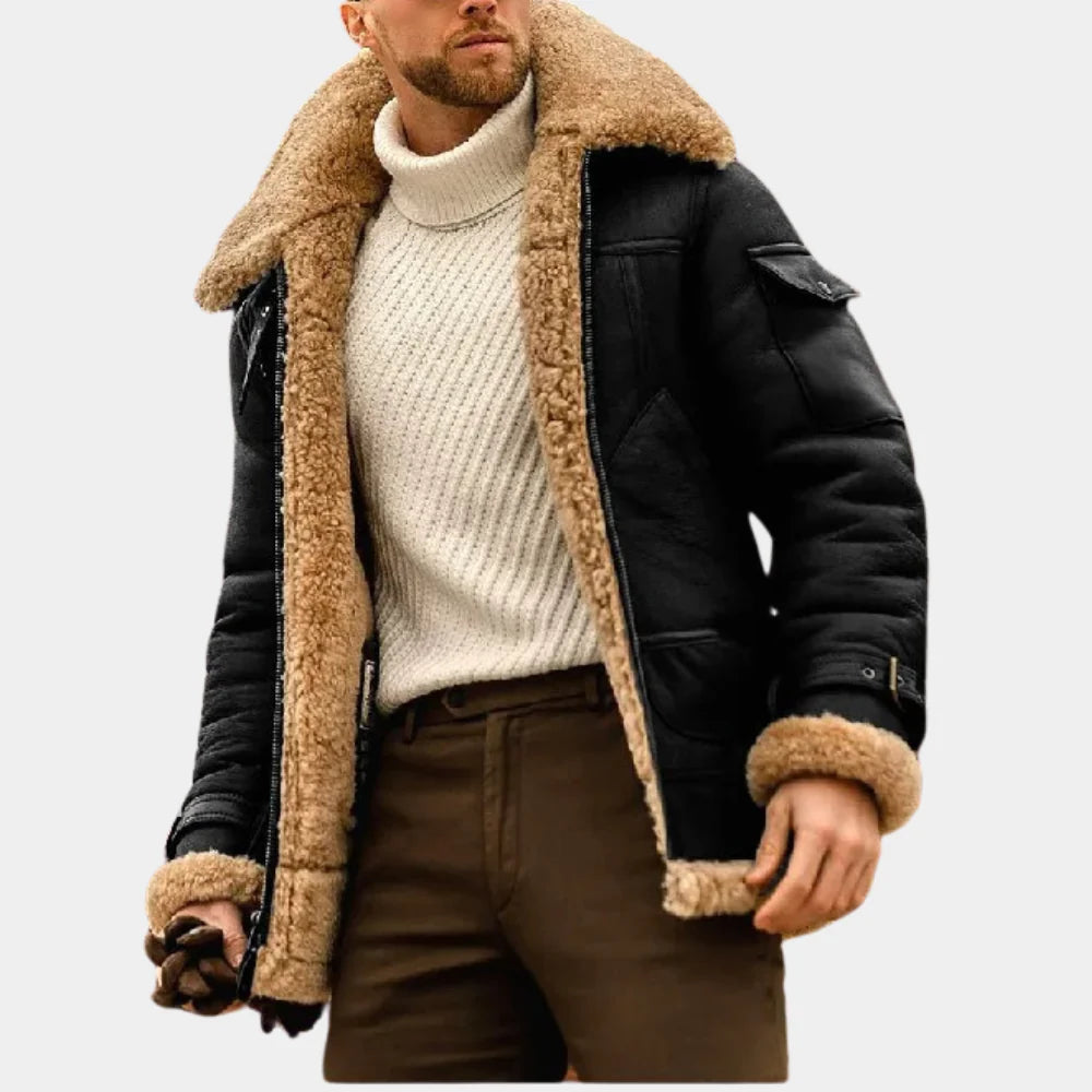 Jaqueta de inverno masculina estilo aviador com colarinho e zíper frontal