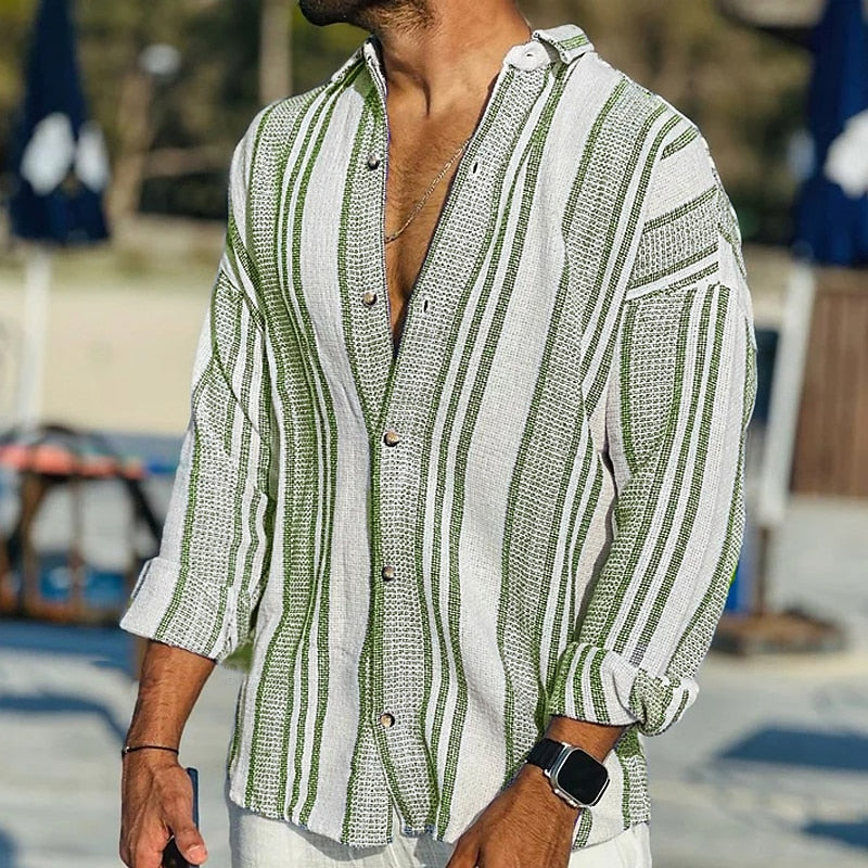Camisa de Linho | Manga Longa, Listrada, Ajuste Solto
