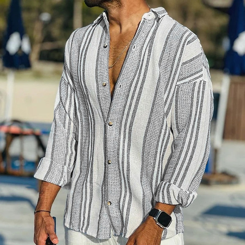 Camisa de Linho | Manga Longa, Listrada, Ajuste Solto