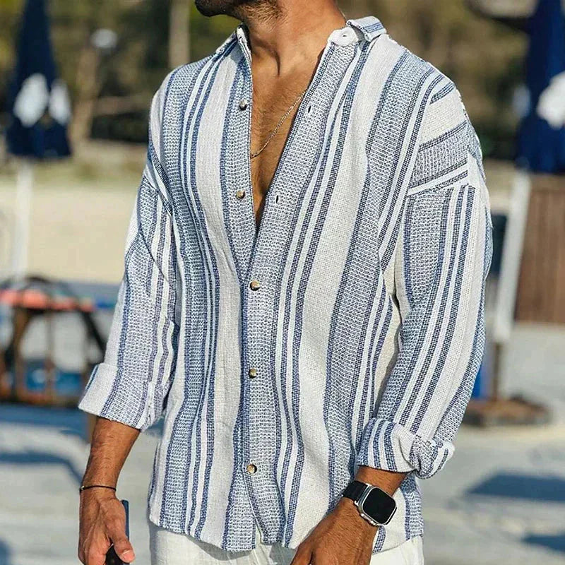 Camisa de Linho Manga Longa | Listrada com Botões | Homem