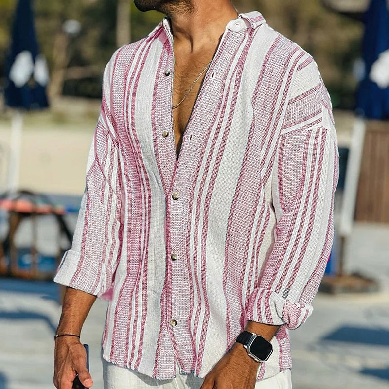 Camisa de Linho Manga Longa | Listrada com Botões | Homem