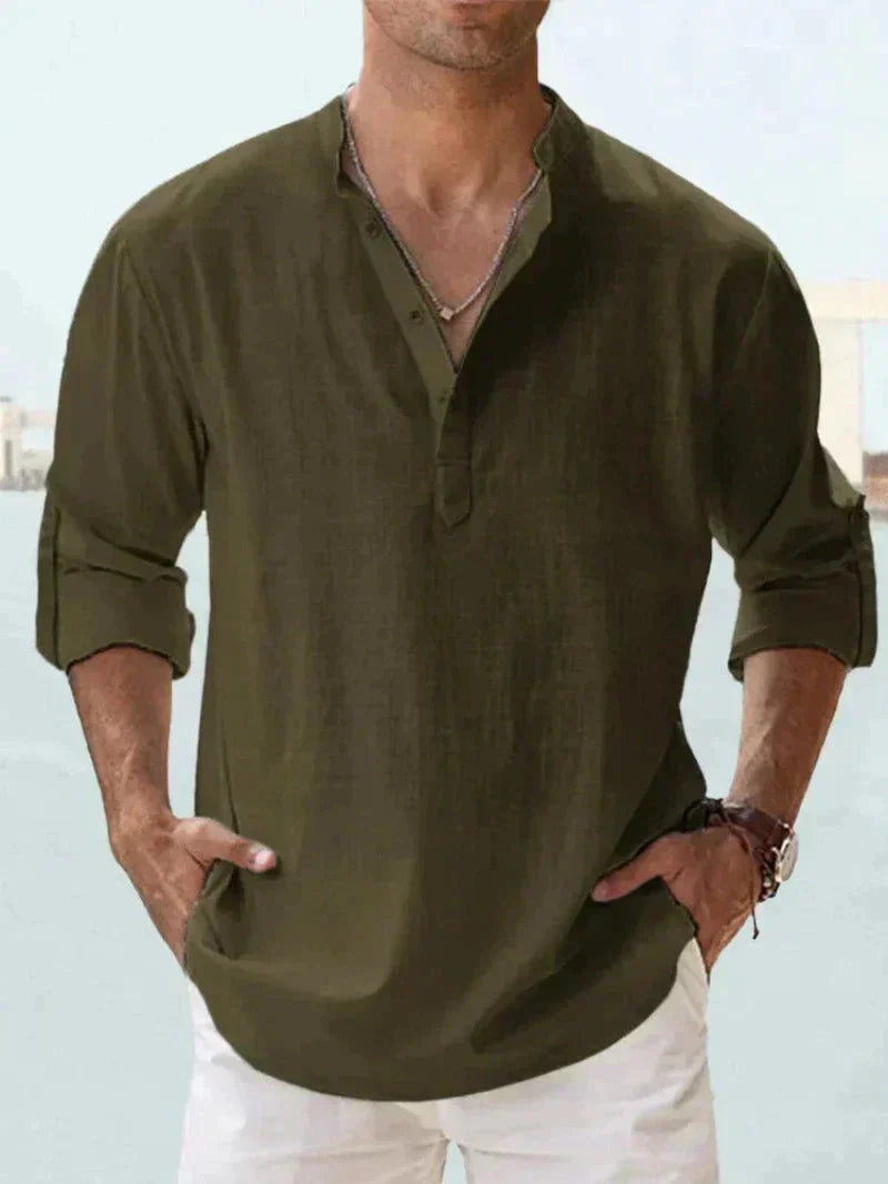 Camisa de Linho | Manga Longa, Abotoadura Meia | Verão Masculina
