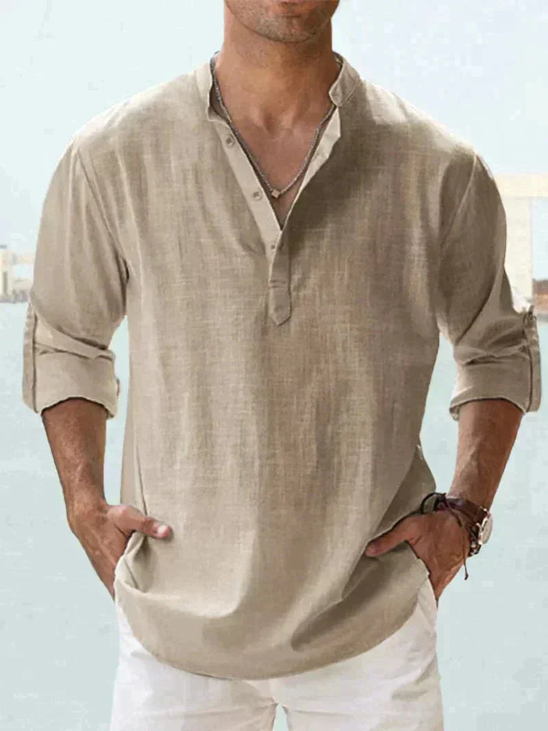 Camisa de Linho | Manga Longa, Abotoadura Meia | Verão Masculina