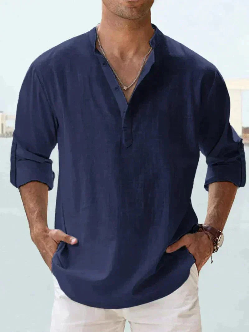 Camisa de Linho | Manga Longa, Abotoadura Meia | Verão Masculina