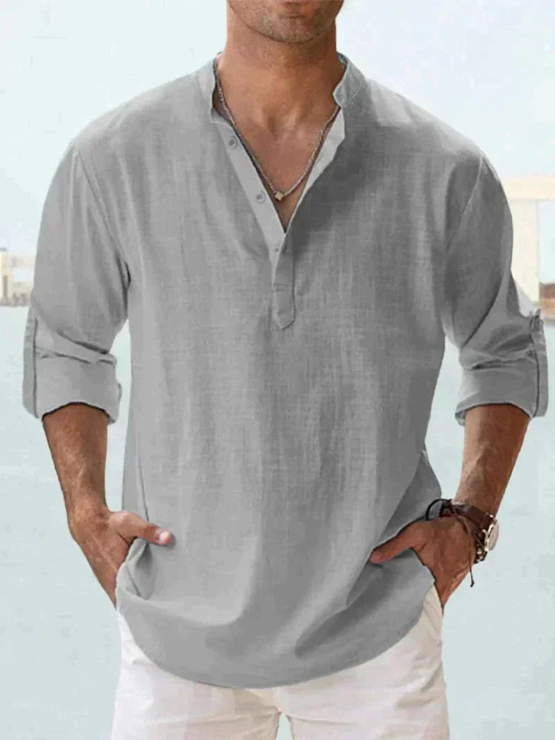 Camisa de Linho | Manga Longa, Abotoadura Meia | Verão Masculina