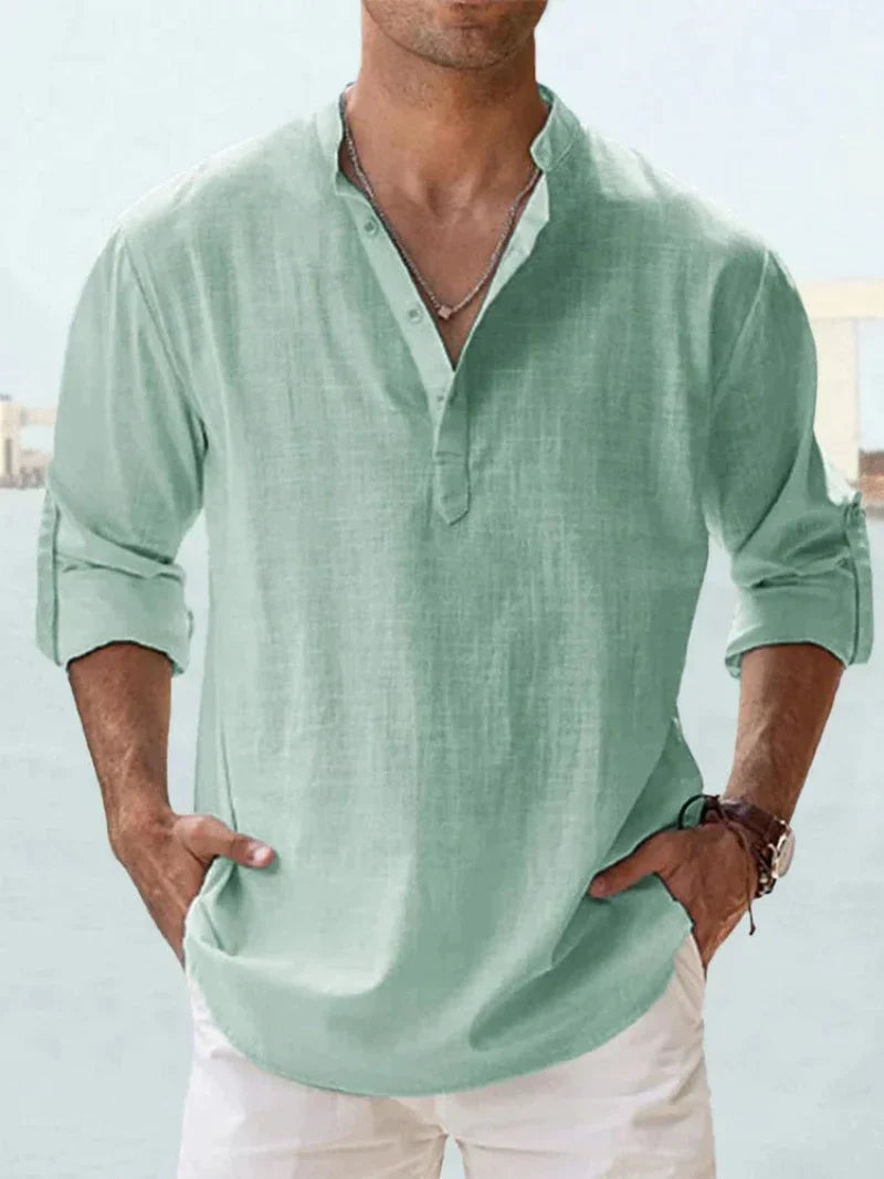 Camisa de Linho | Manga Longa, Abotoadura Meia | Verão Masculina