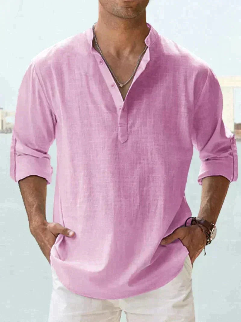 Camisa de Linho | Manga Longa, Abotoadura Meia | Verão Masculina