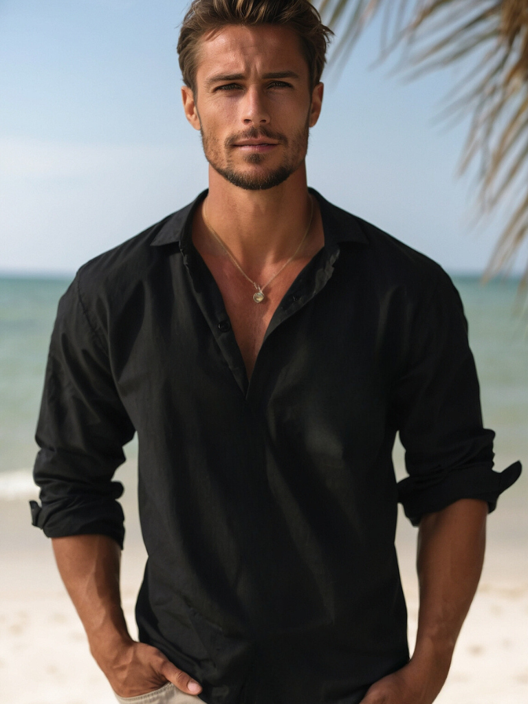 Camisa de Linho | Manga Longa, Abotoadura Meia | Verão Masculina