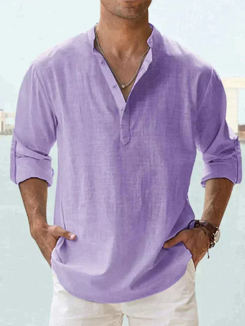 Camisa de Linho | Manga Longa, Abotoadura Meia | Verão Masculina