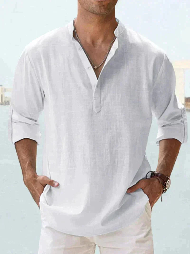 Camisa de Linho | Manga Longa, Abotoadura Meia | Verão Masculina