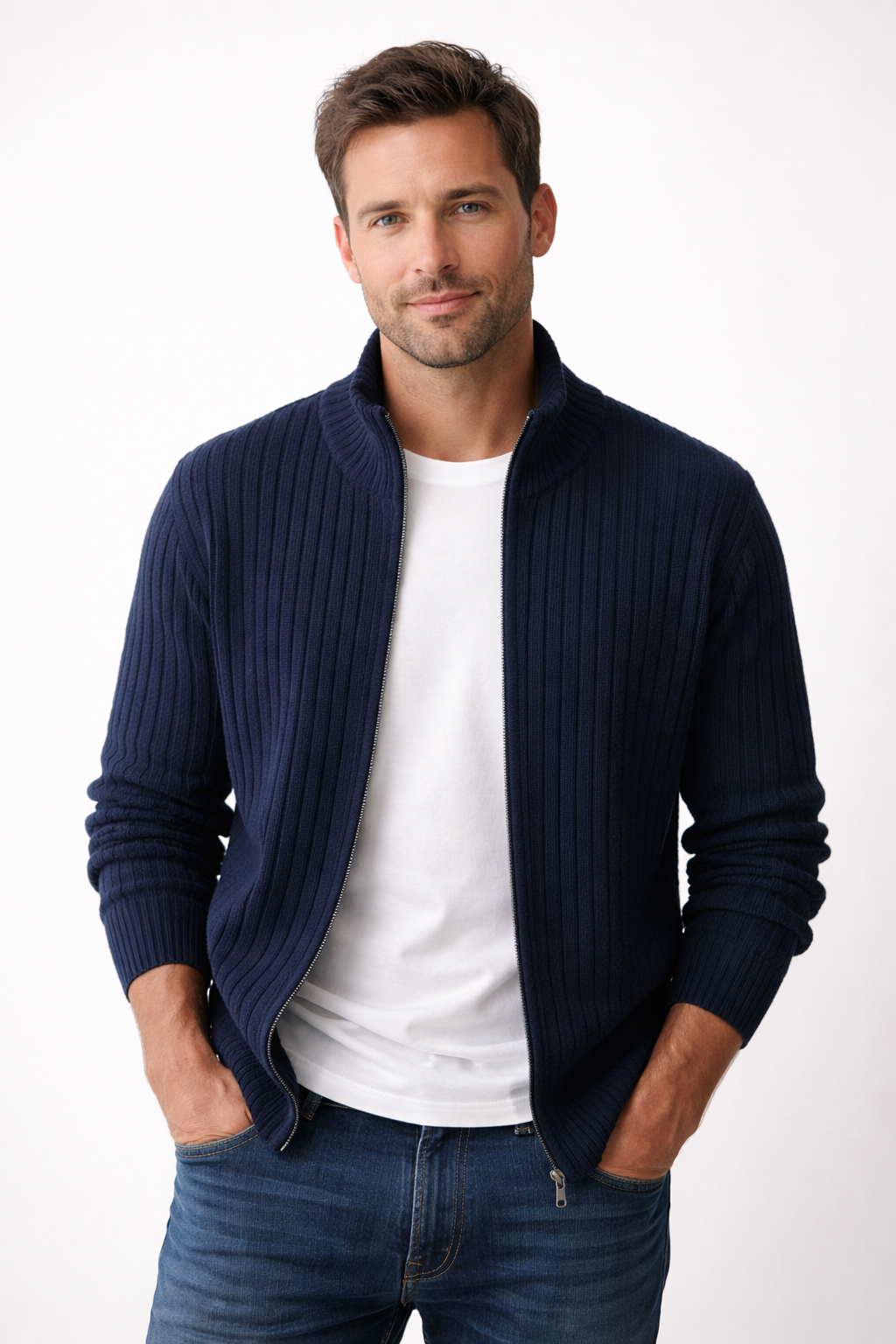 Cardigan tricot homem com fecho zip e gola alta corte regular