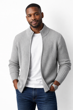 Cardigan tricot homem com fecho zip e gola alta corte regular
