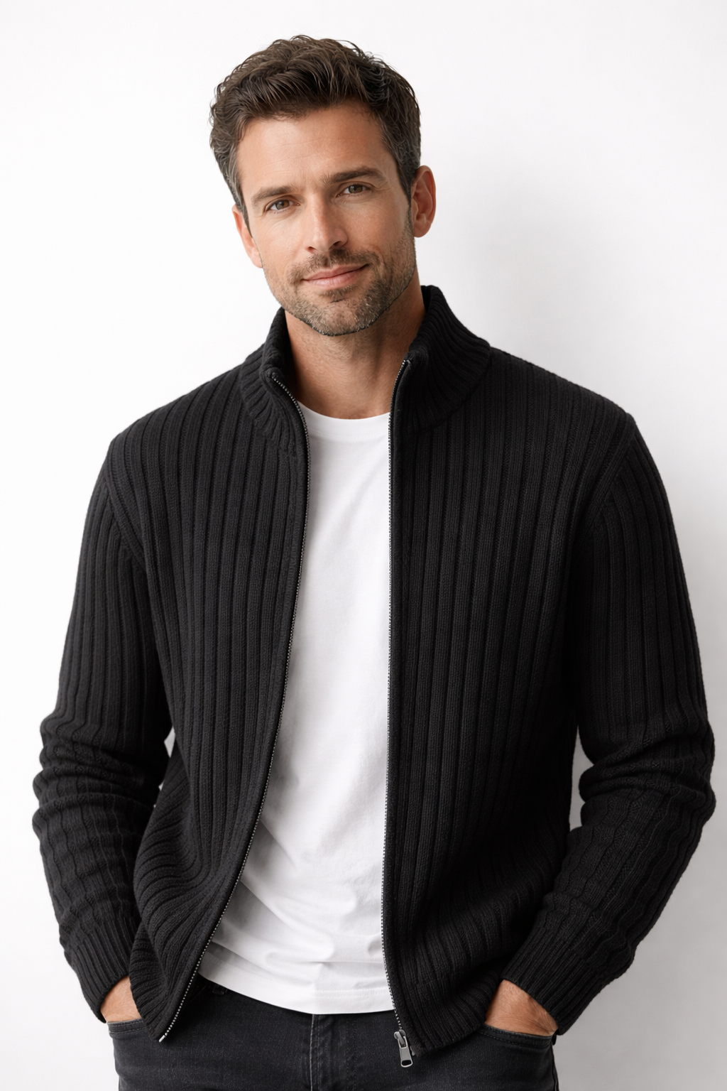 Cardigan tricot homem com fecho zip e gola alta corte regular