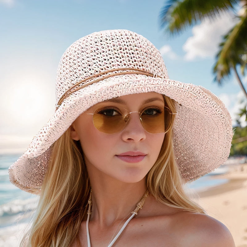 Chapéu de sol feminino aba larga palha trançada dobrável