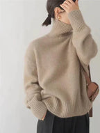 Camisola de gola alta mulher corte relaxado em bege cinzento e caqui