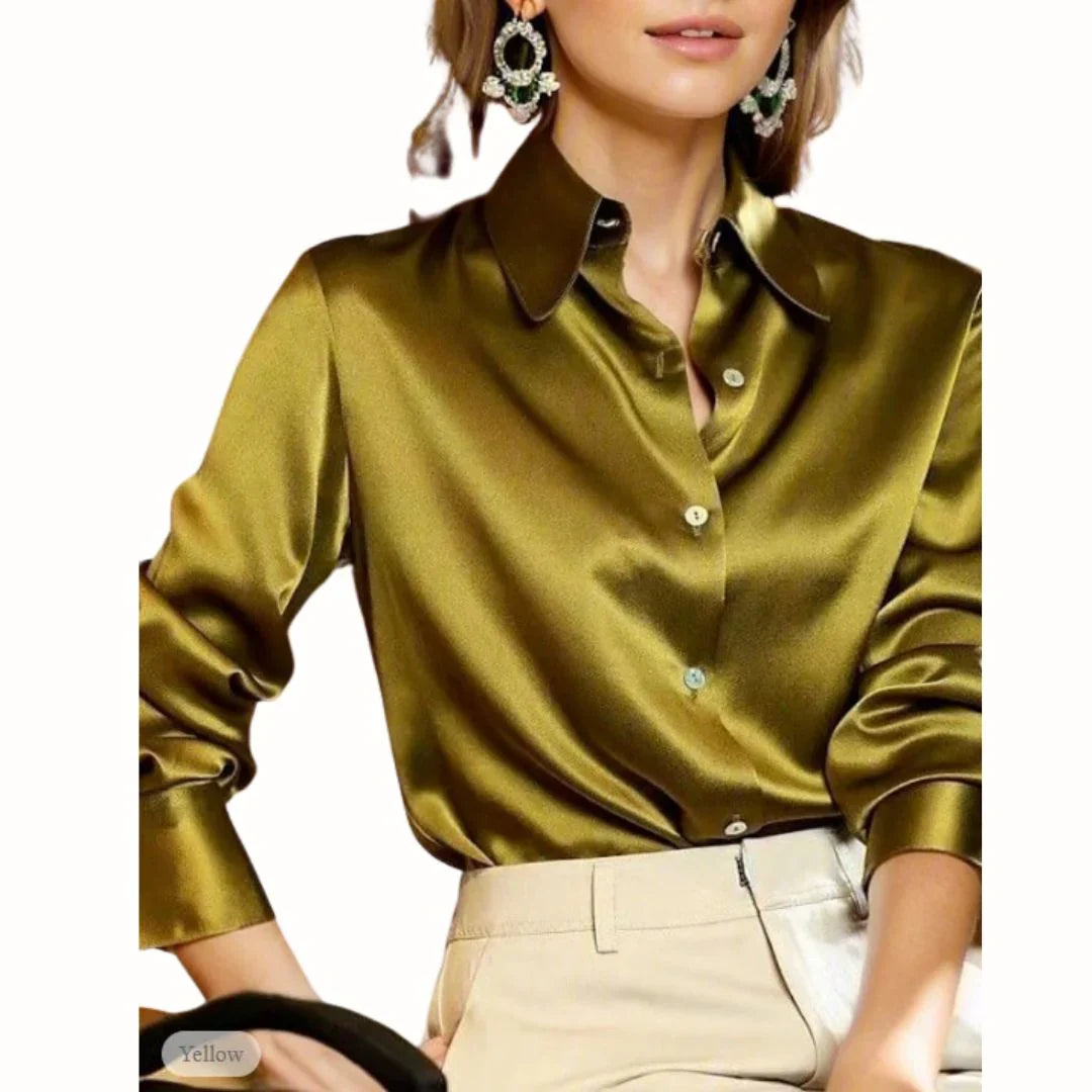 Camisa social feminina abotoada gola pontuda manga longa com punho