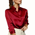 Camisa social feminina abotoada gola pontuda manga longa com punho