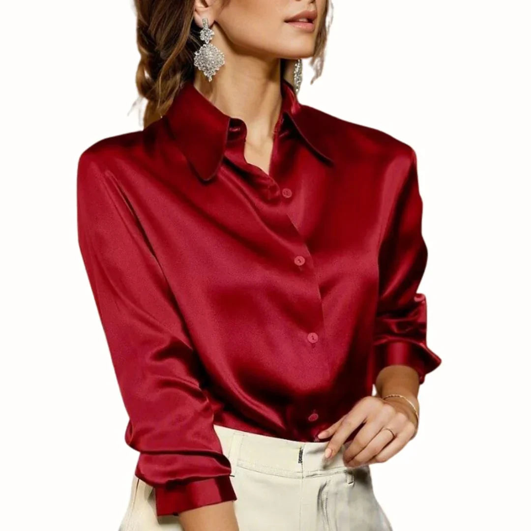 Camisa social feminina abotoada gola pontuda manga longa com punho