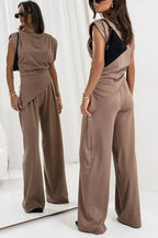 Conjunto feminino 2 peças top drapeado e calça wide leg silhueta moderna
