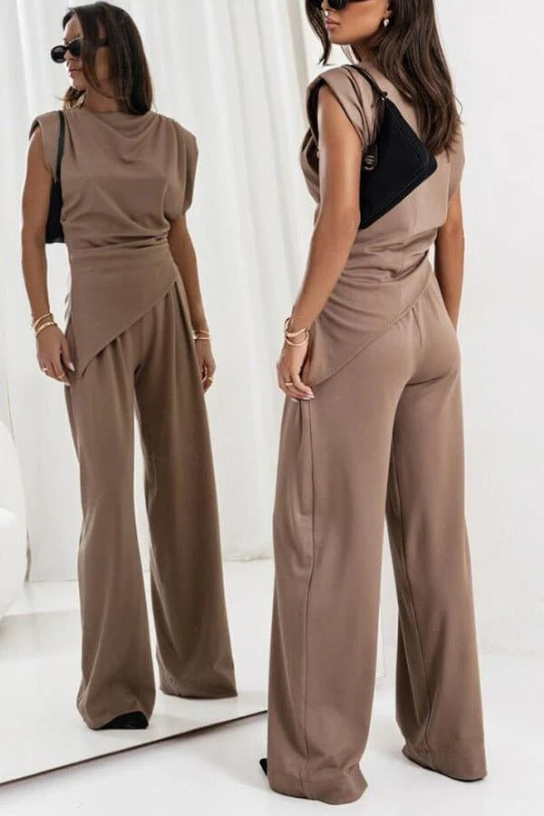 Conjunto feminino 2 peças top drapeado e calça wide leg silhueta moderna