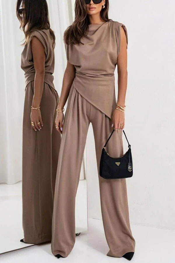 Conjunto feminino 2 peças top drapeado e calça wide leg silhueta moderna