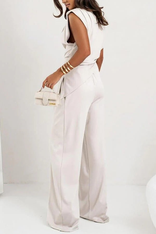 Conjunto feminino 2 peças top drapeado e calça wide leg silhueta moderna