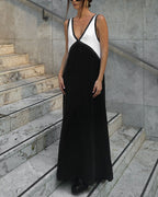 Vestido maxi feminino bicolor com decote V silhueta fluida e elegante