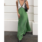 Vestido maxi feminino bicolor com decote V silhueta fluida e elegante