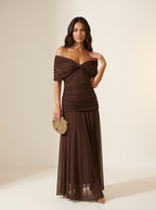 Vestido longo plissado maxi sem alças de noite com corpete estruturado